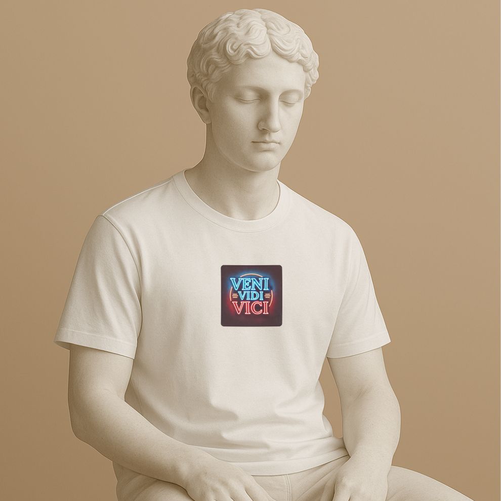 Statue wearing a white t-shirt with 'VENI VIDI VICI' design on a beige background