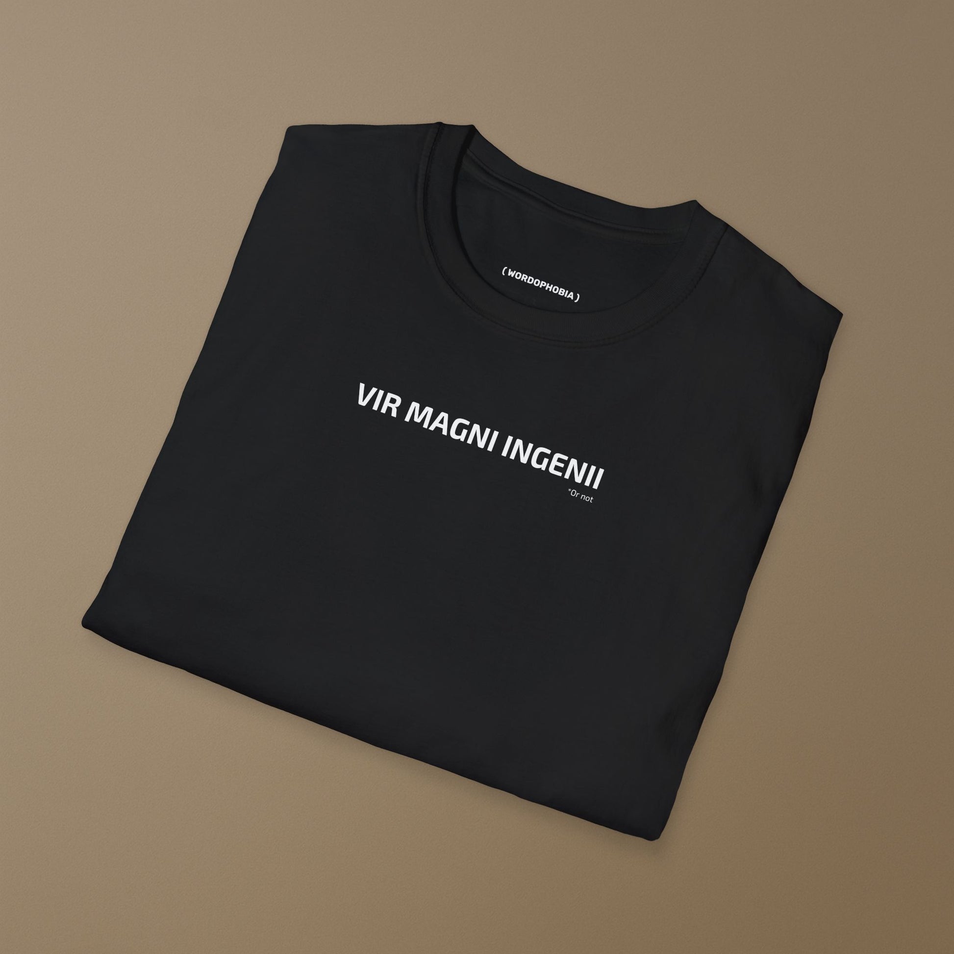 Unisex minimalist folded t-shirt with the Latin phrase “Vir Magni Ingenii” in soft black cotton