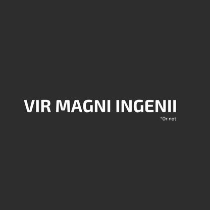 Enlarged design of unisex minimalist t-shirt with the Latin phrase “Vir Magni Ingenii” 