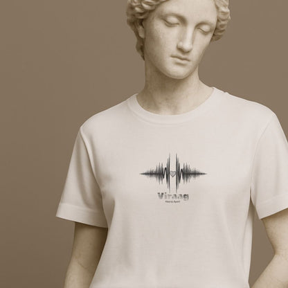 Statue wearing a white t-shirt with a black sound wave design with a heart symbol and 'Viraag' (Hearts Apart) text  on a beige background
