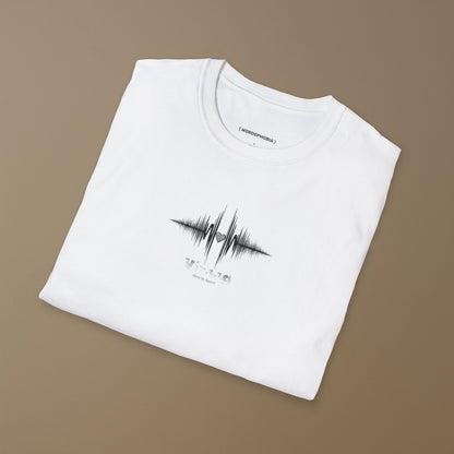 Folded white t-shirt with a black sound wave design with a heart symbol and 'Viraag' (Hearts Apart) text on a beige background 