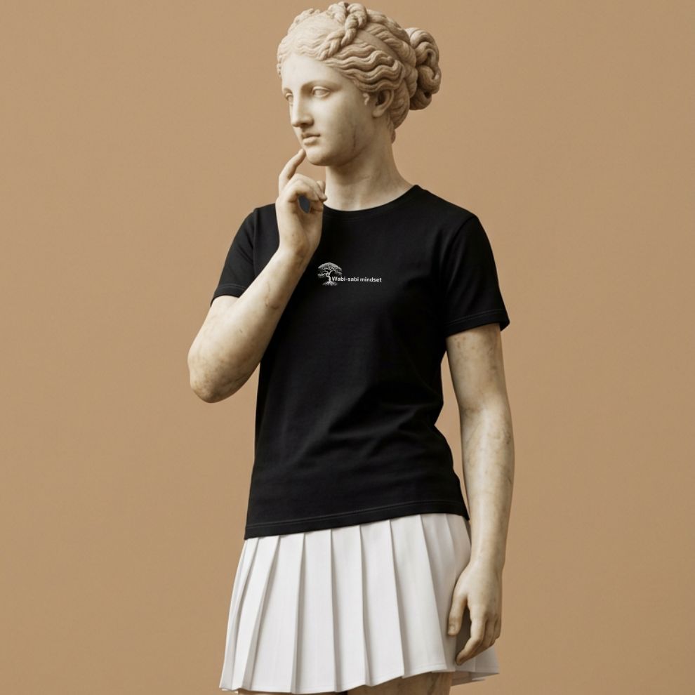 Statue wearing a black t-shirt with a design of icon with 'Wabi-sabi mindset' text on a beige background