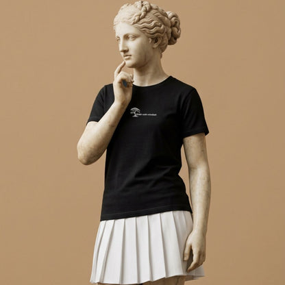 Statue wearing a black t-shirt with a design of icon with 'Wabi-sabi mindset' text on a beige background