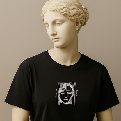 Statue wearing a black t-shirt with a face design and words "Tatemae & Honne" on a beige background