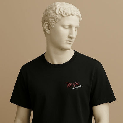 Black t-shirt with 'No Yes Nazlanmak' text worn by a classical statue on a beige background