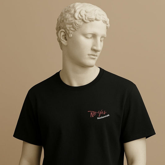 Black t-shirt with 'No Yes Nazlanmak' text worn by a classical statue on a beige background