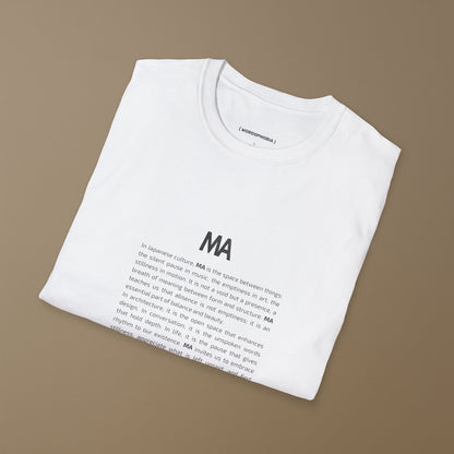 White t-shirt with black text Ma and its concept on a beige background