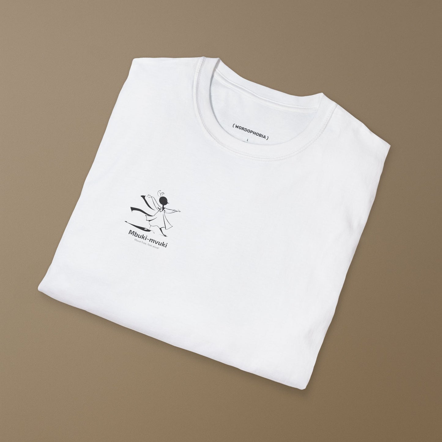 Folded white t-shirt with the African word Mbuki-mvuki and a tiny fantasy dancing mascot graphic on a brown background