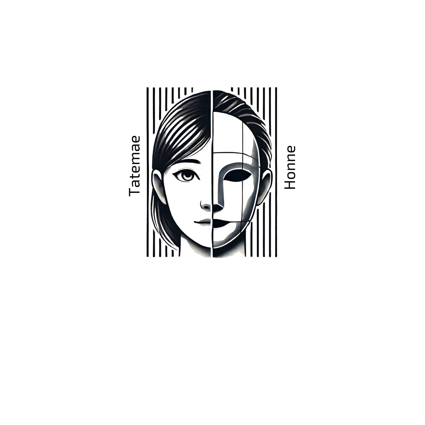 Black and white illustration of a face with 'Tatemae' and 'Honne' text on a white background