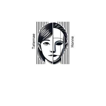 Black and white illustration of a face with 'Tatemae' and 'Honne' text on a white background