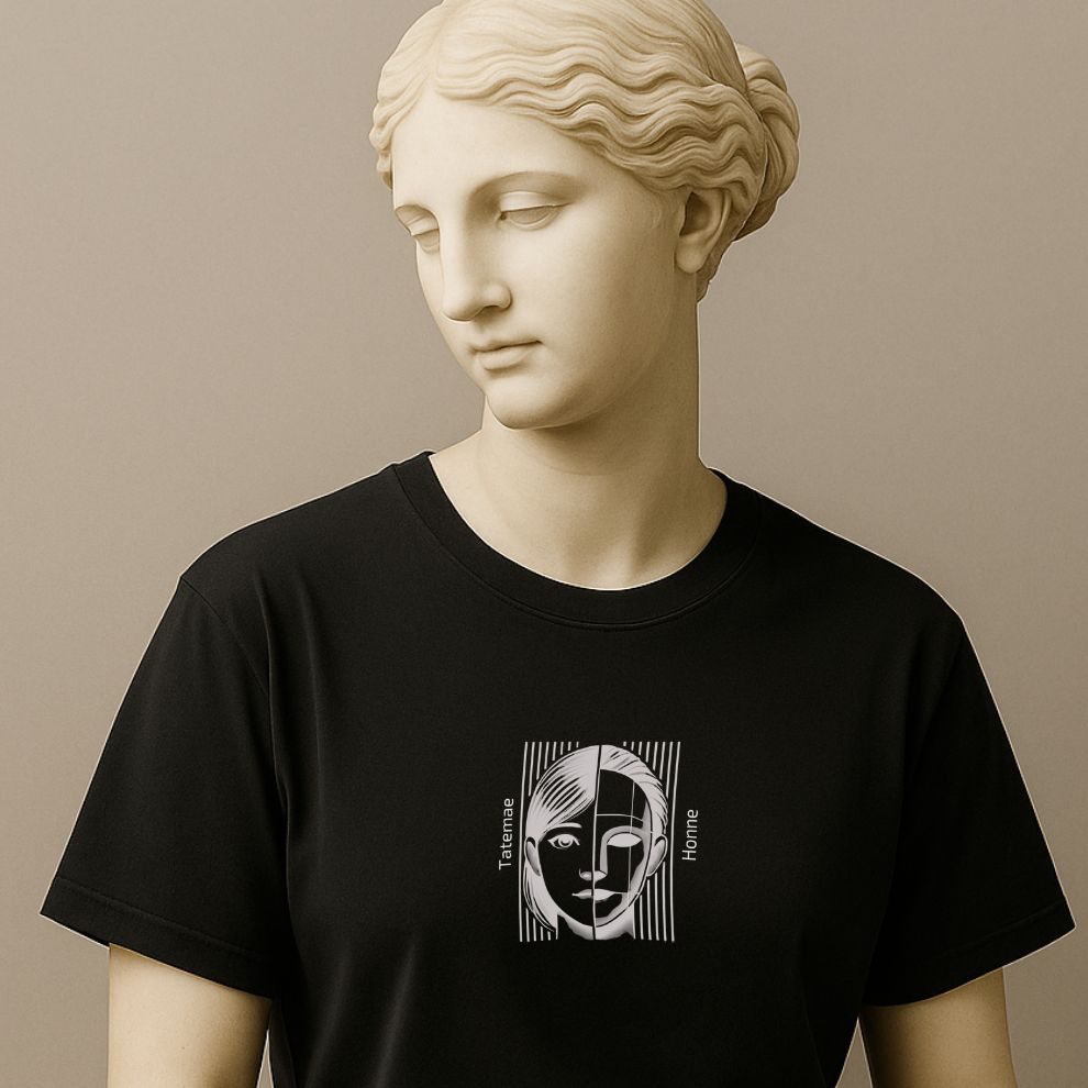 Black t-shirt with a face design and text Tatemae & Honne worn by a statue on a beige background