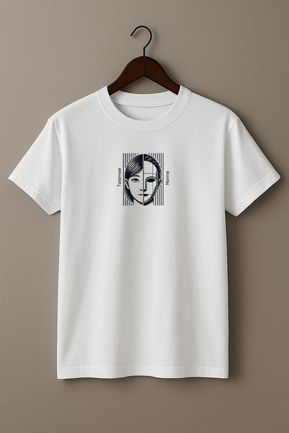 White t-shirt with a graphic design of a face with 'Tatemae' and 'Honne' text on a hanger against a beige background